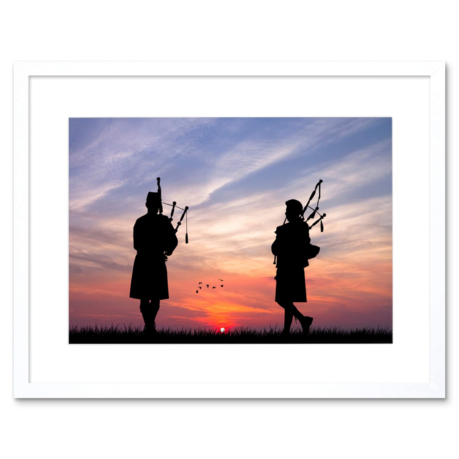 Wee Blue Coo Photo Mock Up Silhouette Sunset Scottish Pipers Framed Wall Art Print
