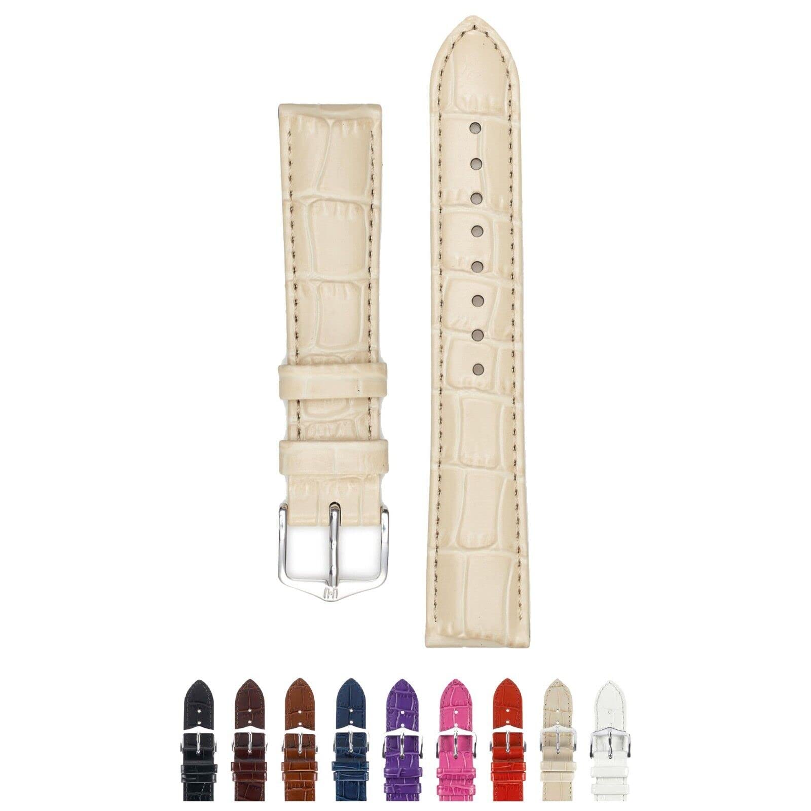 HIRSCH Louisianalook Leather Watch Strap - Alligator-embossed - Beige Band, Gold-Colored Buckle - 18mm (L)