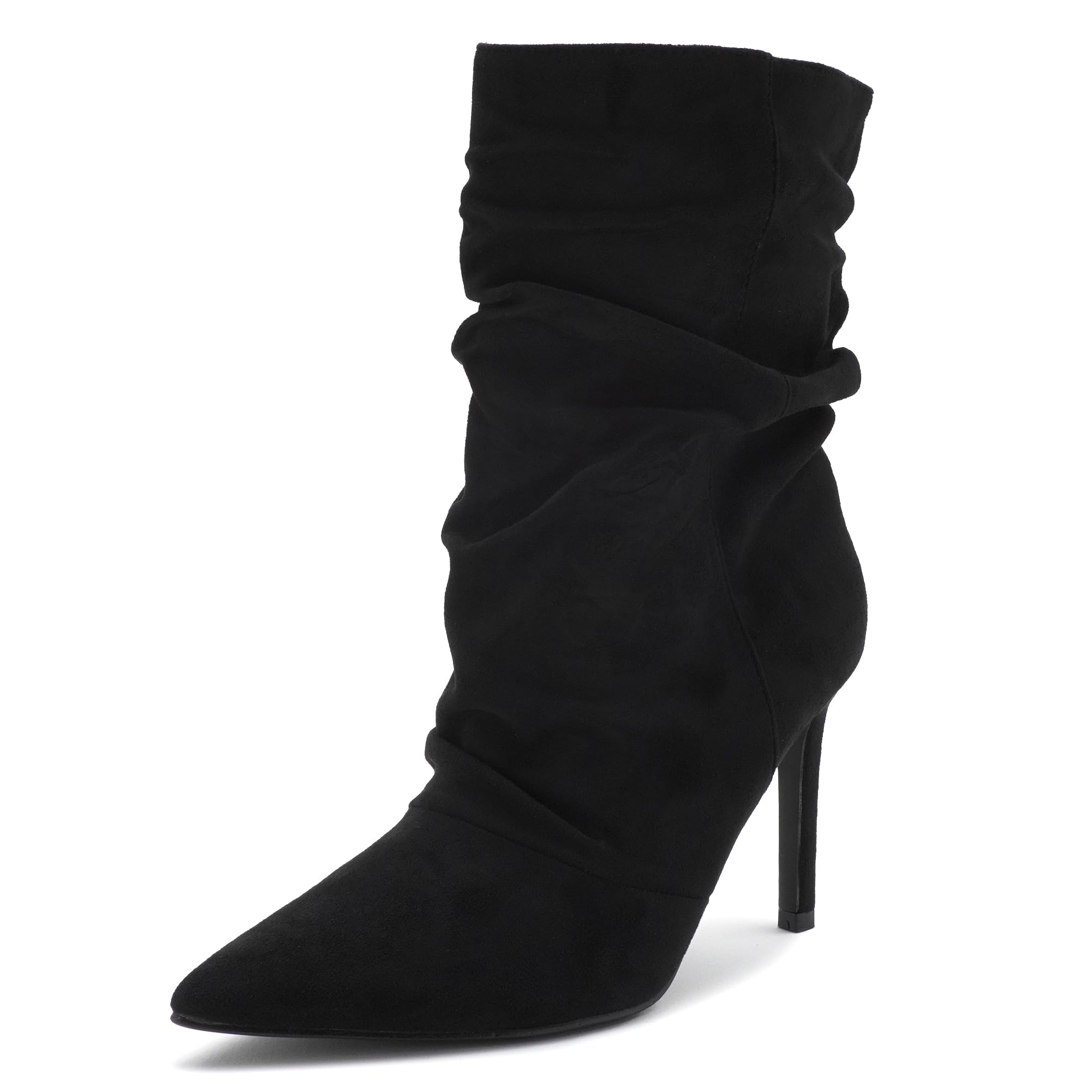 MISSCAI Stivaletti Donna con Tacco 9.5 cm Stivali Punta Affusolata e Pieghe | Tronchetti eleganti in similpelle scamosciata, gambale morbido drappeggiato, tacco sottile, pull on