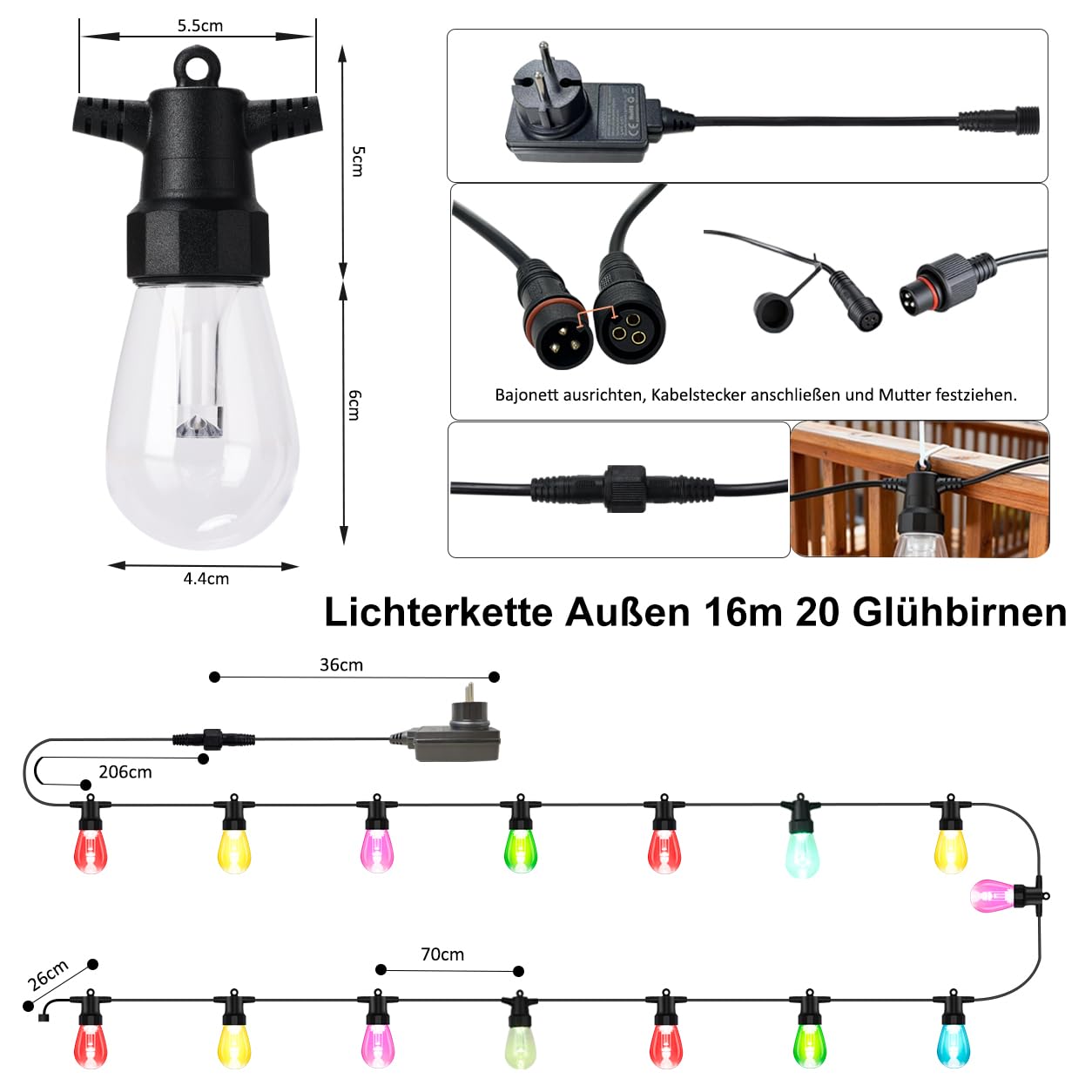 Led Lichterkette Außen Strom 16m 20 Led Bunt Farbwechsel für Party Garten | Outdoor IP65 Wetterfeste, Dimmbar, mit App & Fernbedienung steuerbar für Balkon Terrasse, Bruchsichere