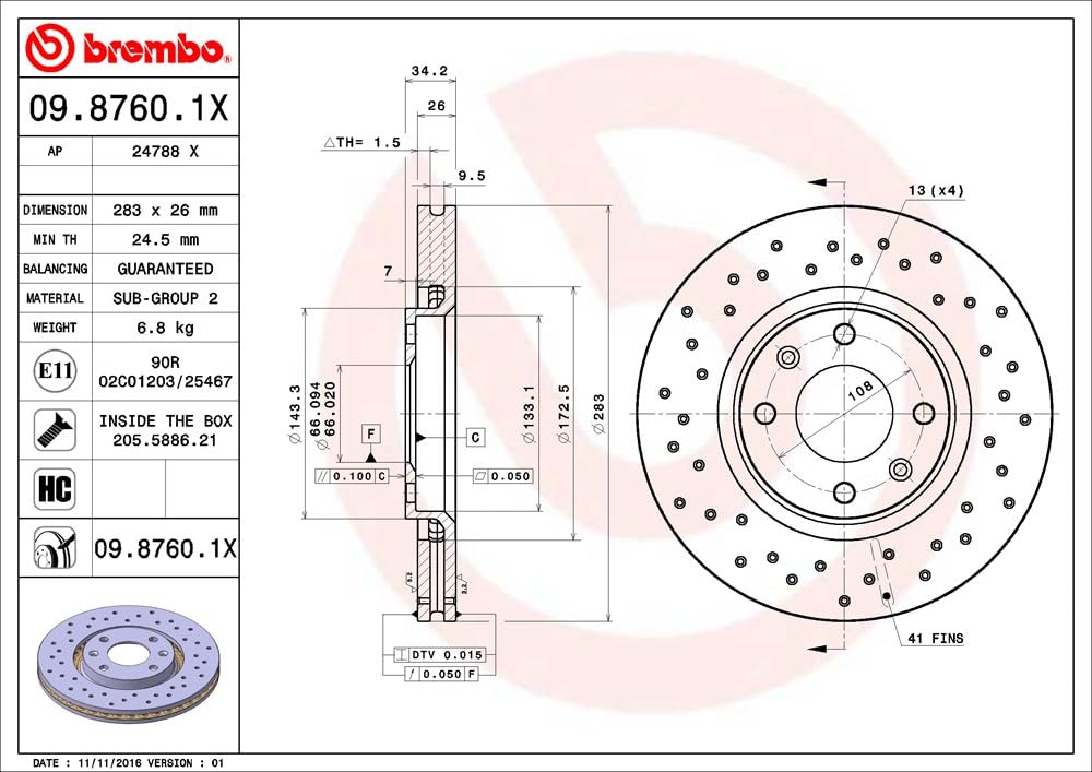 Brembo Xtra 09.8760.1X - Disco Freno Forato Anteriore, Set di 2