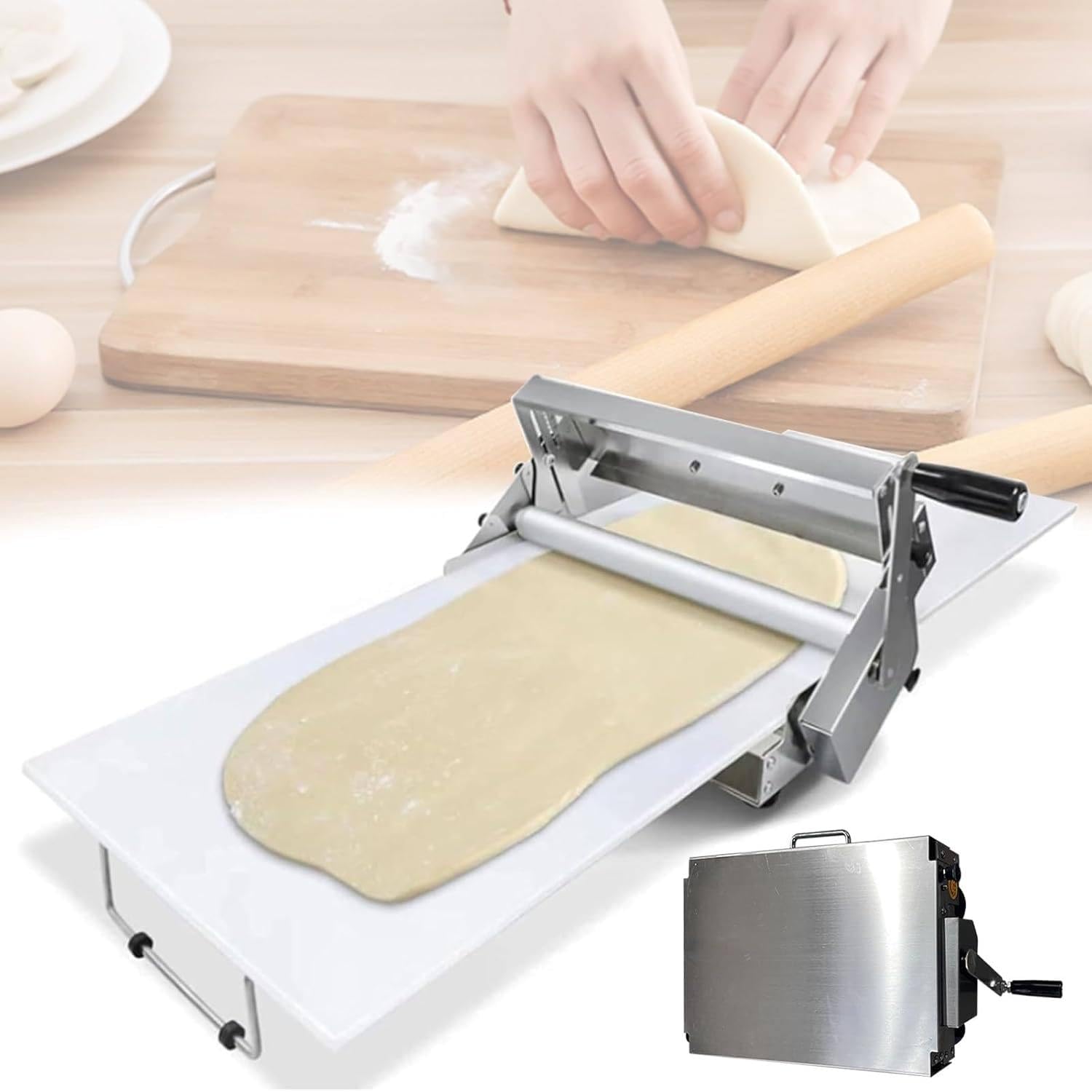 Laminoir à pâte manuel professionnel avec plateau réglable en acier
