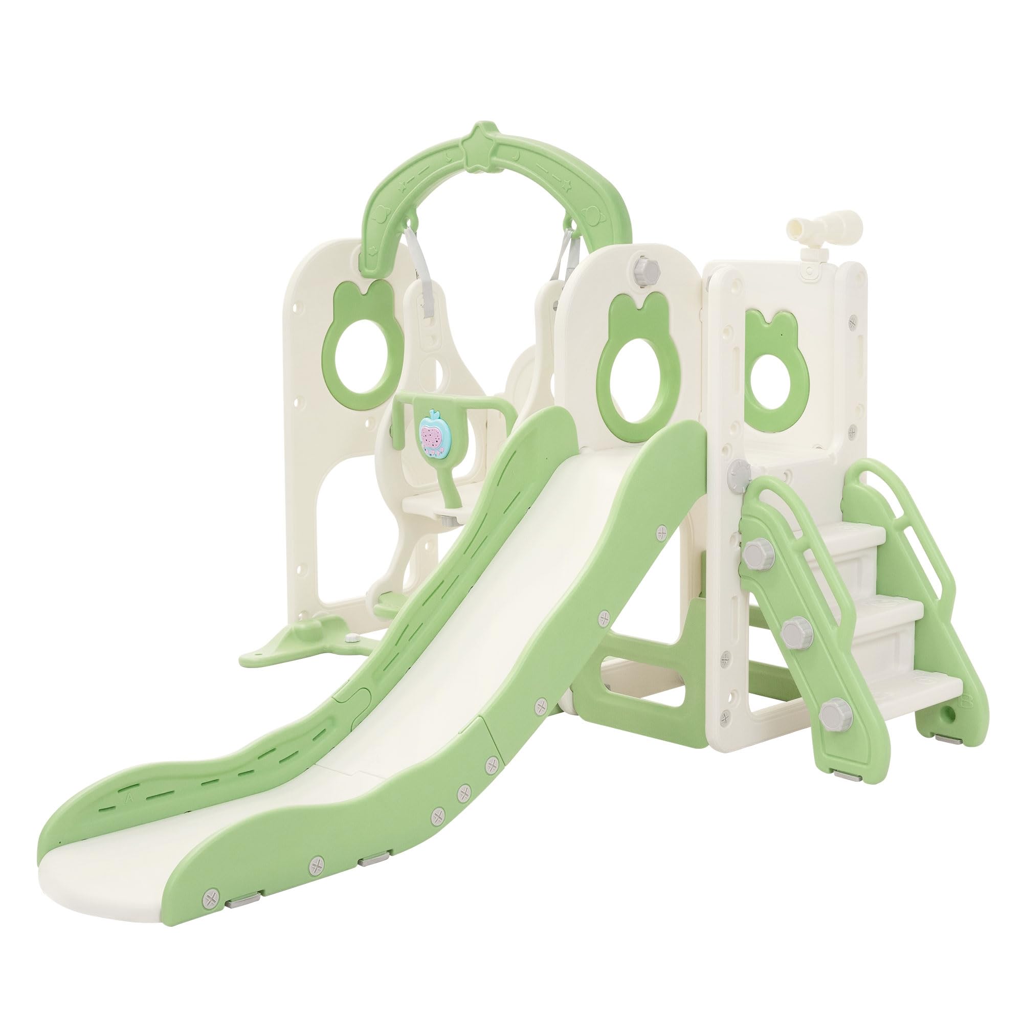 Joyz Tobogán Infantil 5 en 1 con Columpio, Escalera, Canasta de Baloncesto, Telescopio, Juego de Trepa Multifuncional, Parque Interior Exterior, Verde Claro, Juguetes para Niños a Partir de 3 años