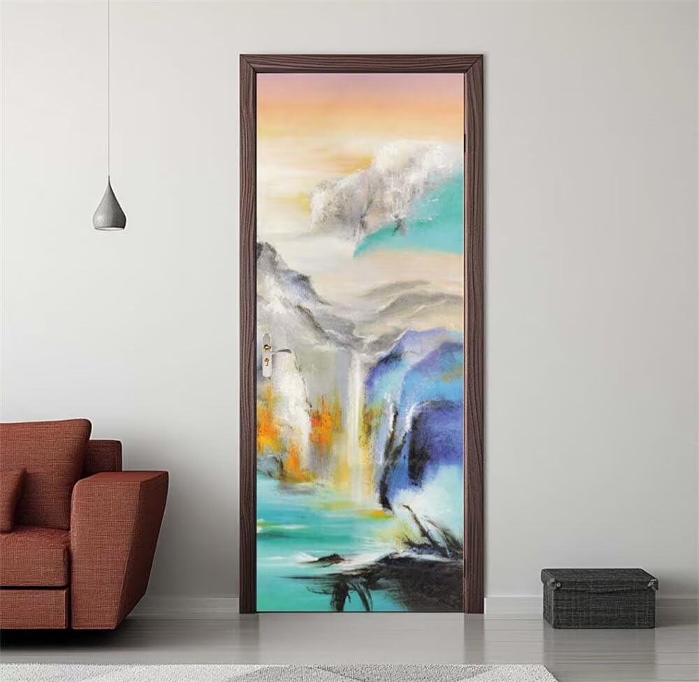 Door Stickers Murals Landscape Abstract 3D Self Adhesive Door Decals for Interior Doors Waterproof Wall Decals Poster Sticker Wallpaper for Bedroom Bathroom Home Decor 33.8"X78.7"/86x200cm -DS3633