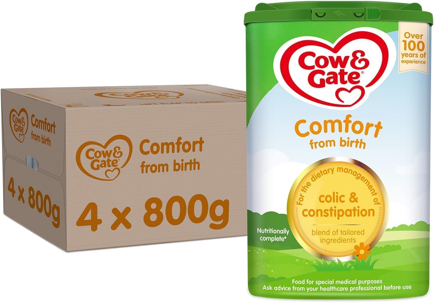 Cow & Gate Comfort Baby Milk Powder Formula, from Birth, 800 g (Pack of 4)