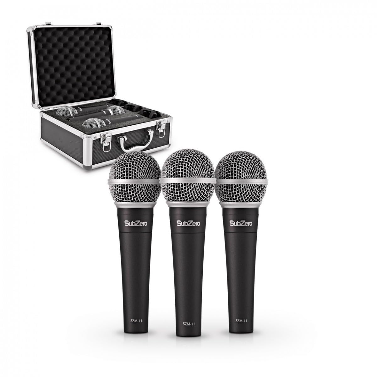SubZero Juego de 3 micrófonos vocales dinámicos con Pinzas y Estuche