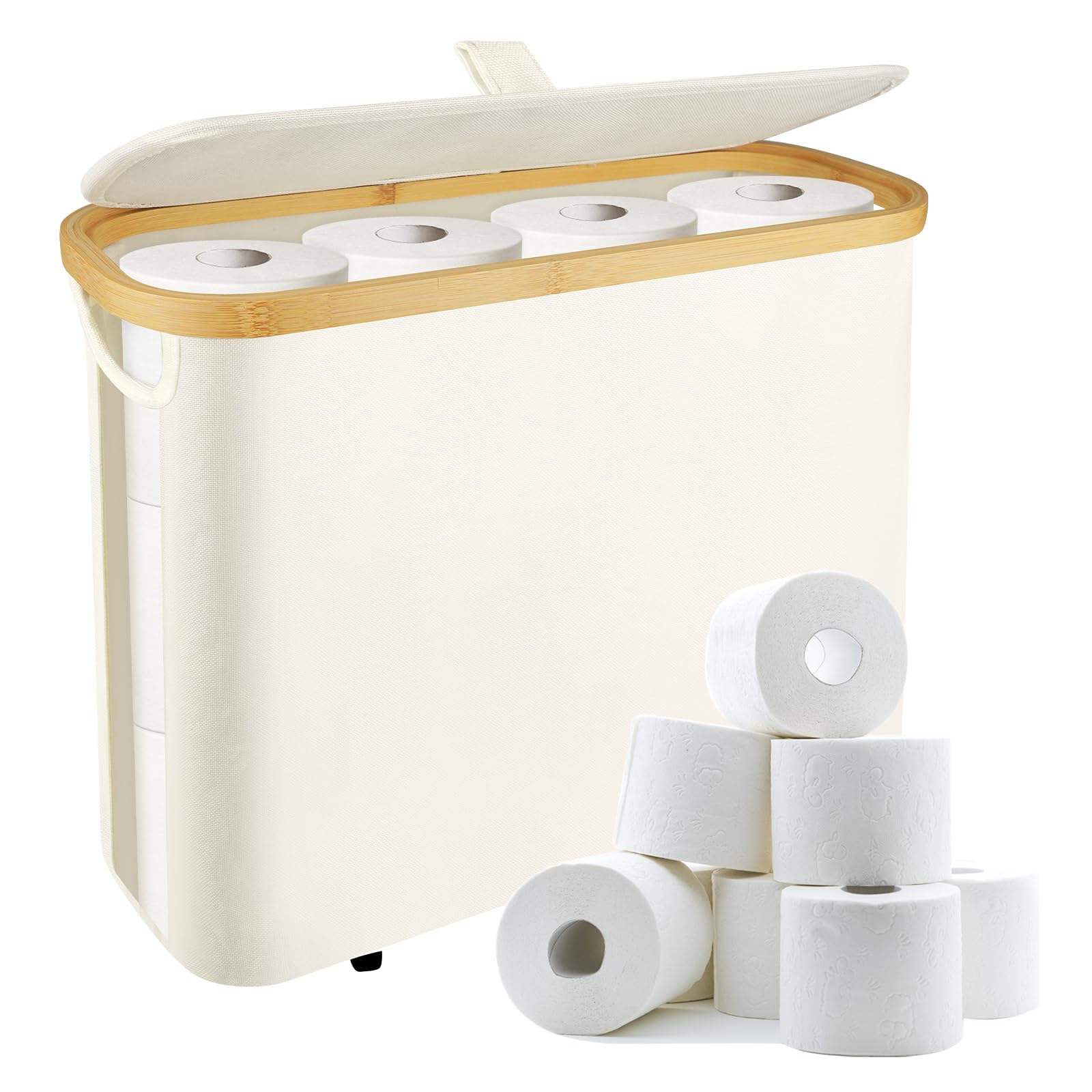 Muomdid Toilet Paper Storage with Lid, Toilet Paper Basket Toilet Paper Holder with Storage Handle, Foldable Organizer Basket for Bathroom Accessories Hold up to 9-12 Rolls,Beige
