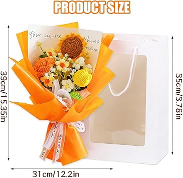 Crochet Flower Bouquet, Knitted Flowers, Knitted Flower Bouquet, Handmade Knitted Flower Arrangement for Home Decor Anniversary Birthday Mother's Day & Graduation (Orange)