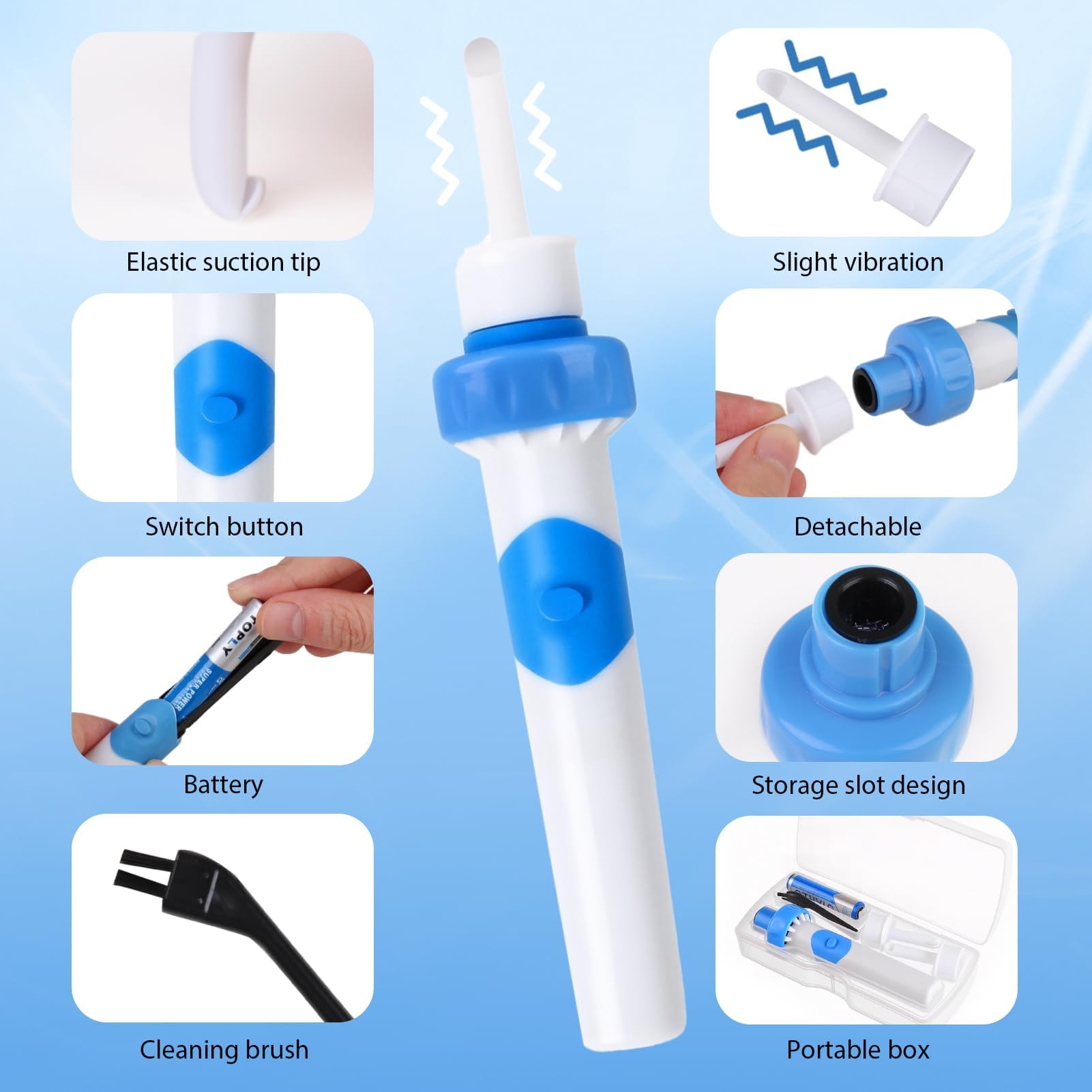 Yuio Aspirateur Oreille Cerumen, Nettoyant Oreille Avec 2 Têtes de Rechange Lavables et Batterie, Électrique Nettoyeur Oreilles Adulte, Appareil De Nettoyage Des Oreilles Pour Bebe Enfants Adulte