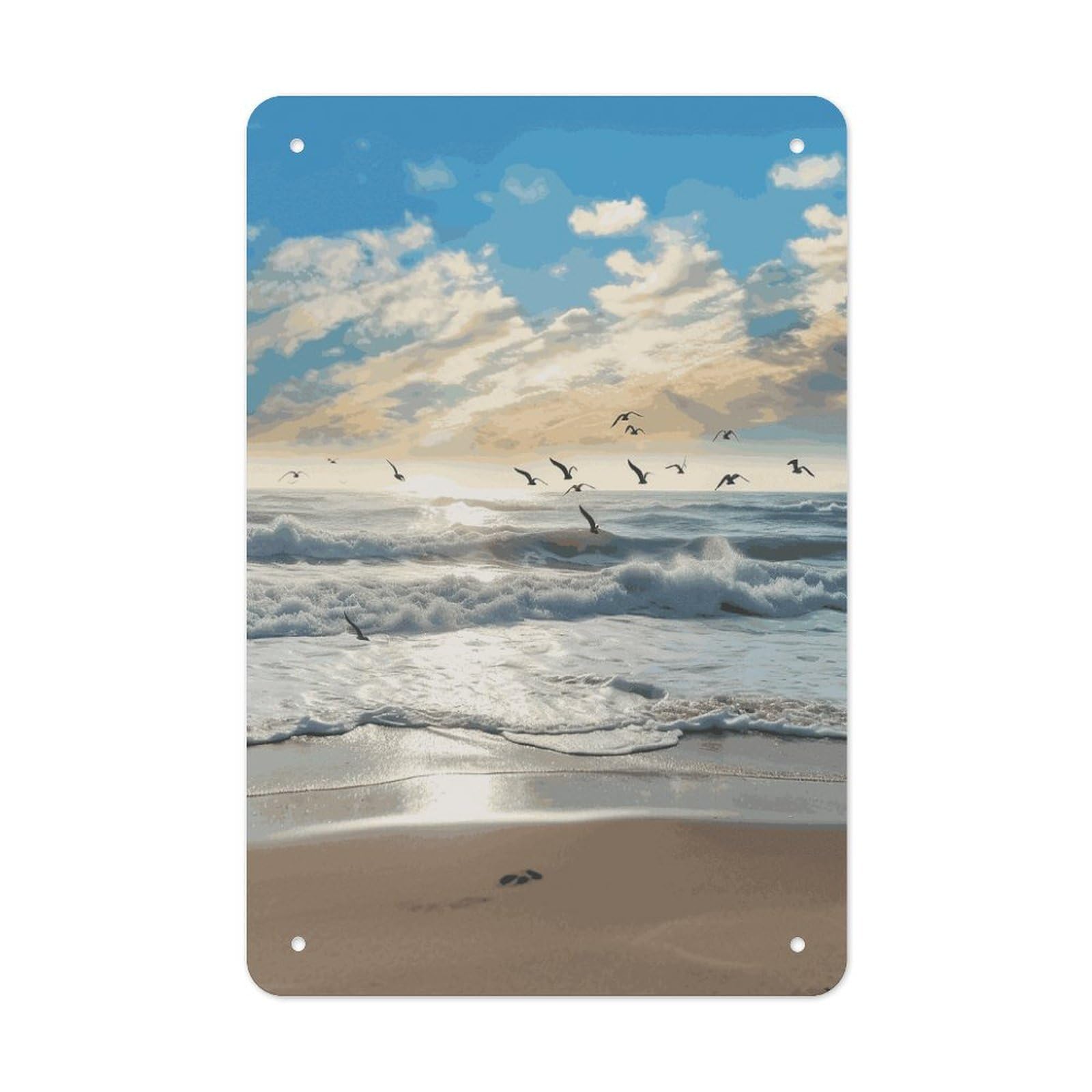 LDGSUPH Waves on The Beach with Sea Birds Wall Art Prints Folded Edge Iron Sheet Painting with Holes for Wall Prints Decorative Picture Metal Signboard Decor Painting for Outdoor Indoor Wall Decor