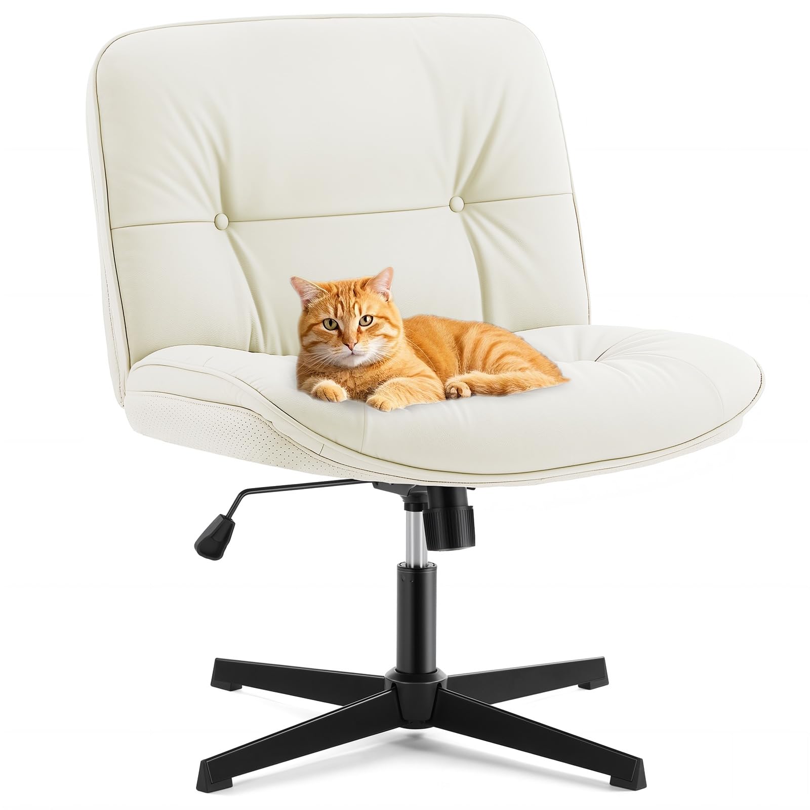 Sweetcrispy Criss Cross Chair, Wide Seat PU Leather Armless Office Desk Vanity Chair, Comfortable Adjustable Swivel Computer Task Chairs for Bedroom,