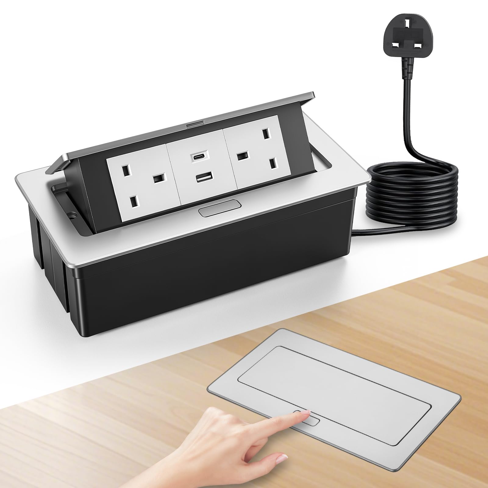 Desktop Power Socket with USB-C & USB-A, Pop Up Recessed Desk Socket with 1.5M Extension Cable, Aluminium Hidden Power Outlet with 2 UK Plugs for Kitchen Worktop Office Desk (Silver) — image 1