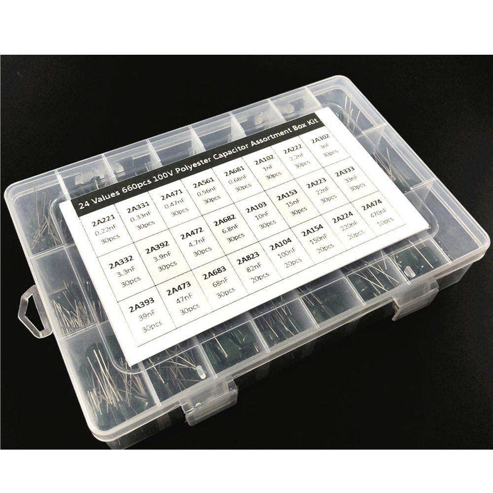24Value 660pcs kit condensatore 100V 2A221J 2A474J condensatore film di poliestere kit assortito con scatola di immagazzinaggio Elementi di accumulo di energia