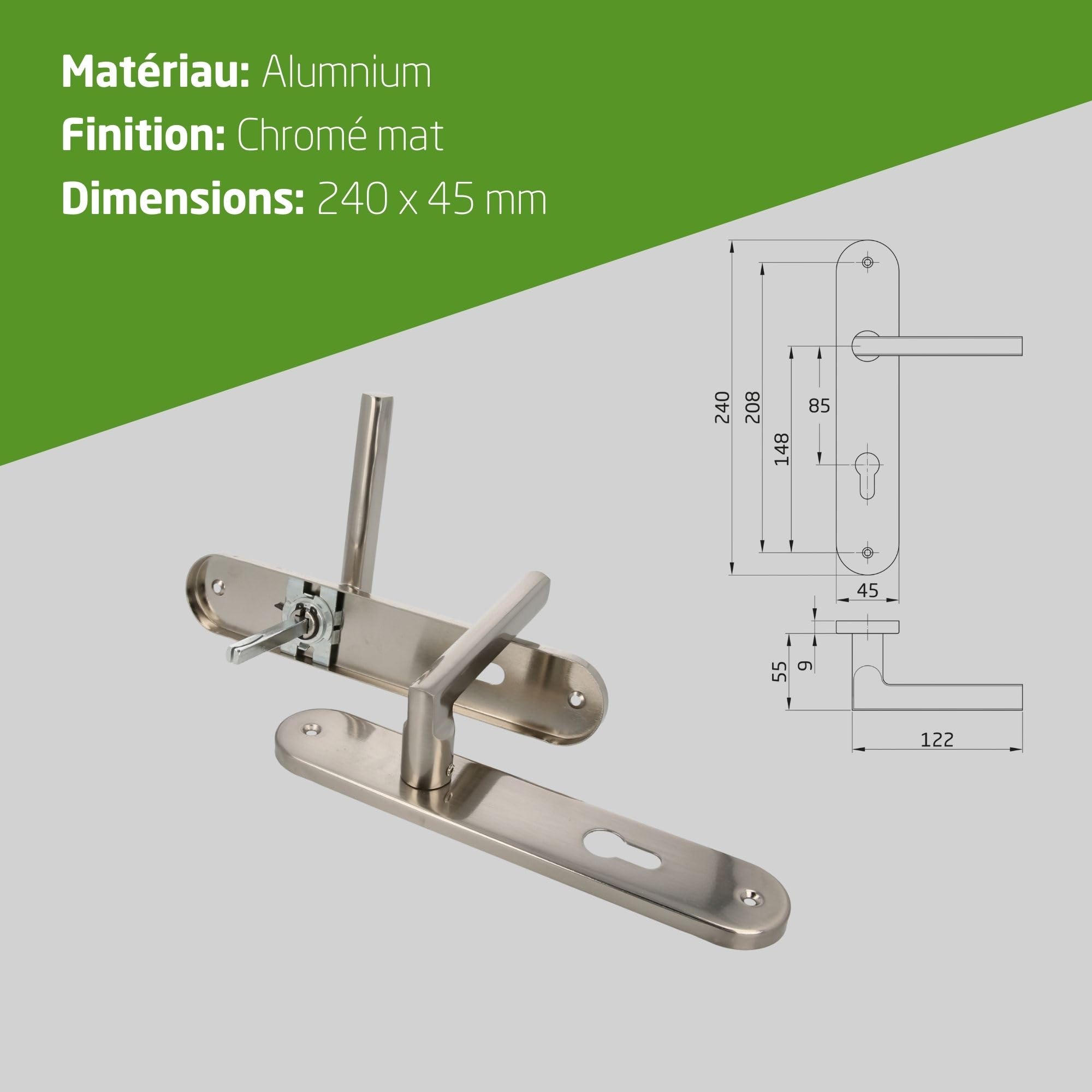 MICEL - 05755 - Juego De Manilla Para Puerta Con Placa De ángulo Curvo Y Maneta De Acero Inoxidable, Color Dorado PVD, 225 X 138 X 66 Mm
