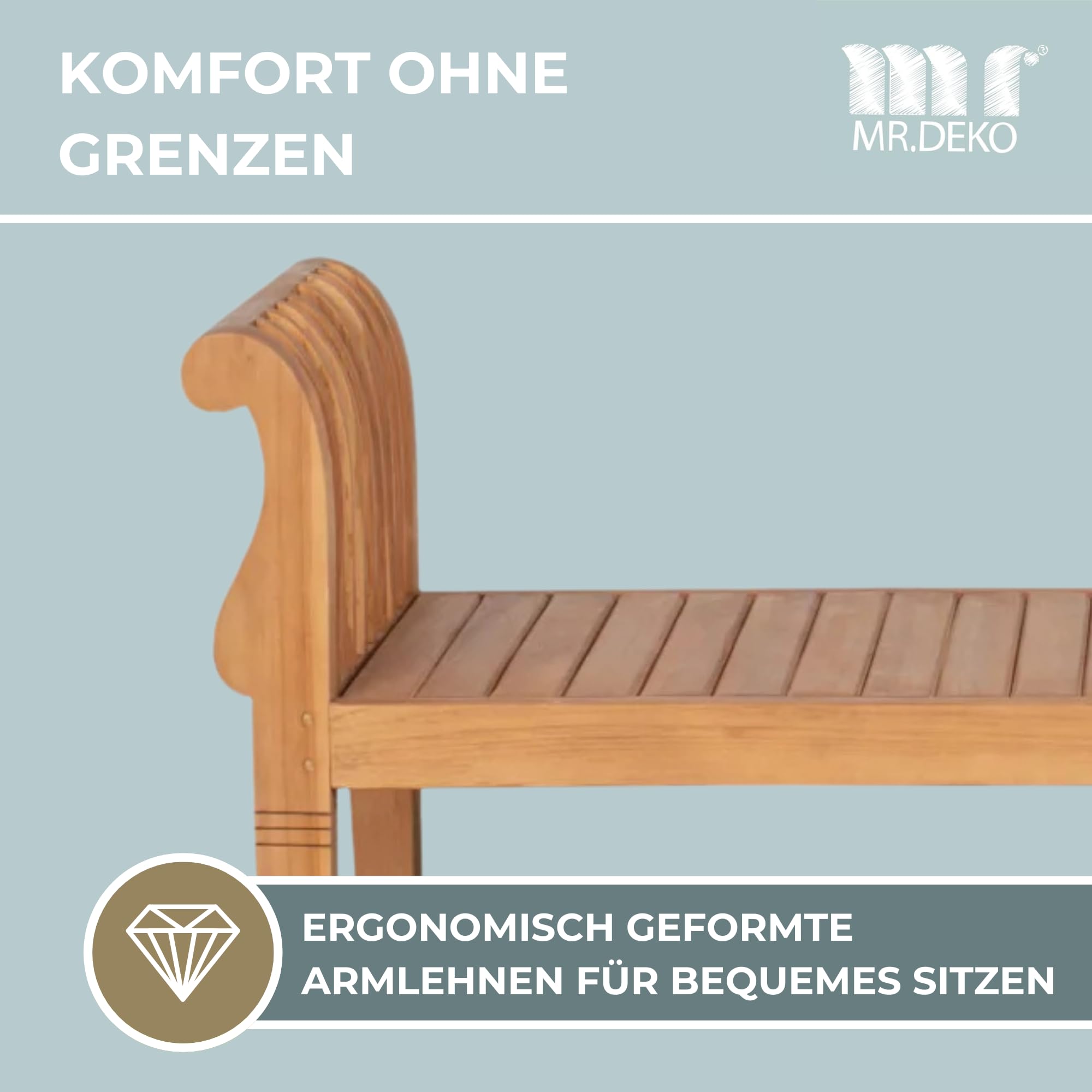 MR. DEKO Gartenbank 2-Sitzer Wigan 130cm Balkon Sitzbank-wetterfest | Holz Bank ohne Rückenlehne