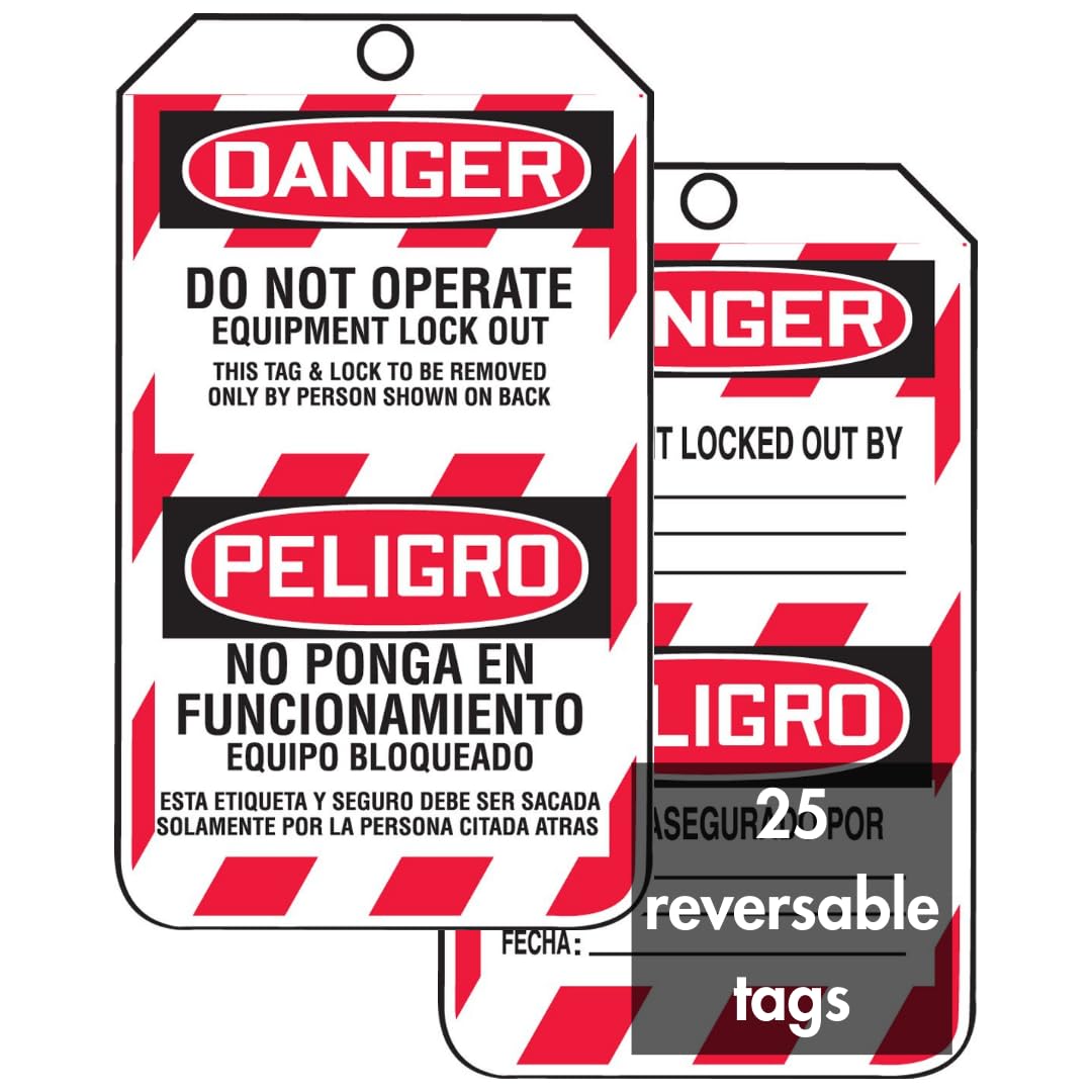 Accuform signos tsp105ctp español bilingüe bloqueo etiqueta, leyenda "peligro no funcionar equipo de bloqueo/Peligro no ponga en funcionamiento equipo bloqueado," 5.75 "Longitud x 3,25" Ancho x 0,01 cm de grosor, pf-cardstock, rojo/negro sobre blanco (25