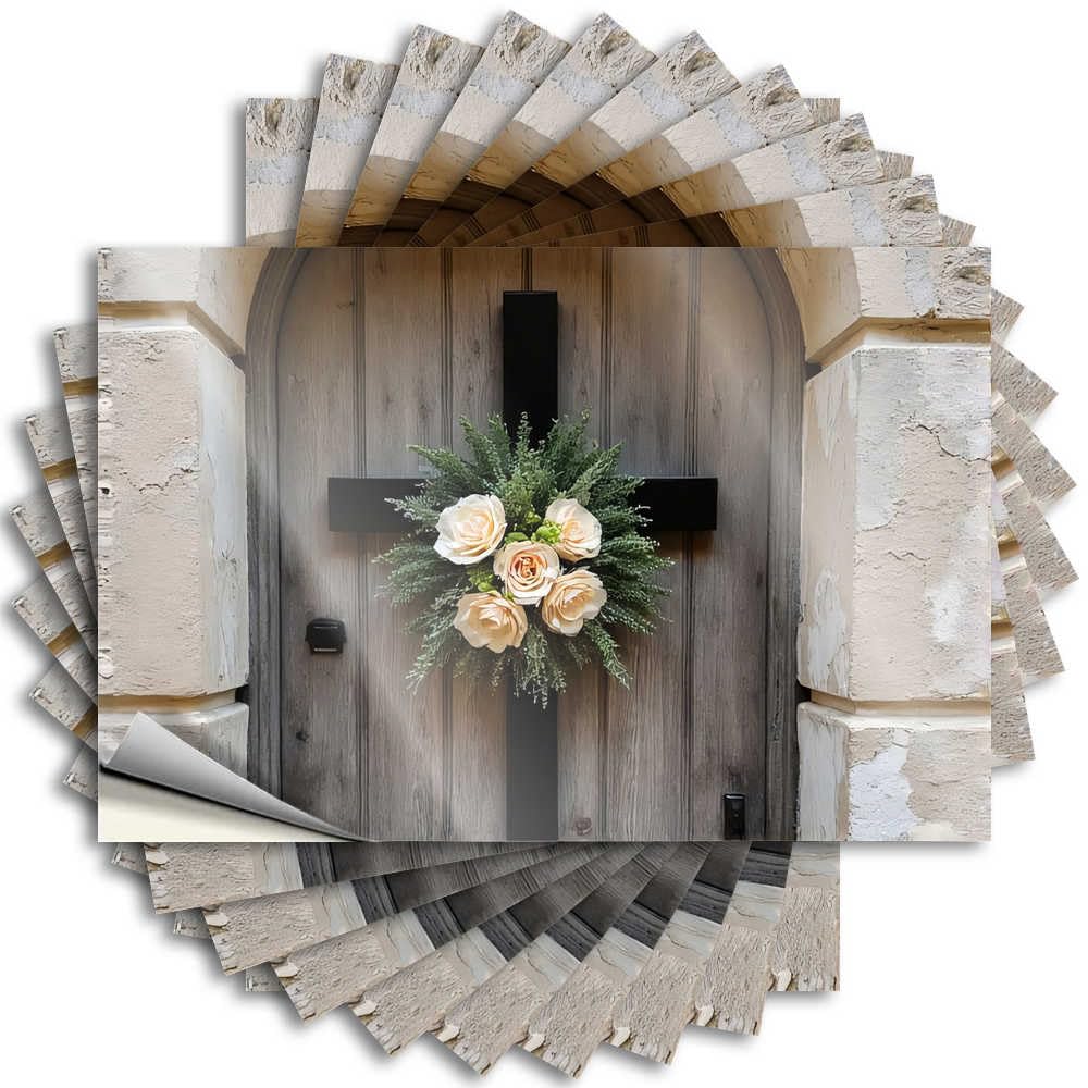 Abipuir - Funny Cross with Flowers on Wooden Door Stickers 10 Car Stickers (6 x 9 cm)