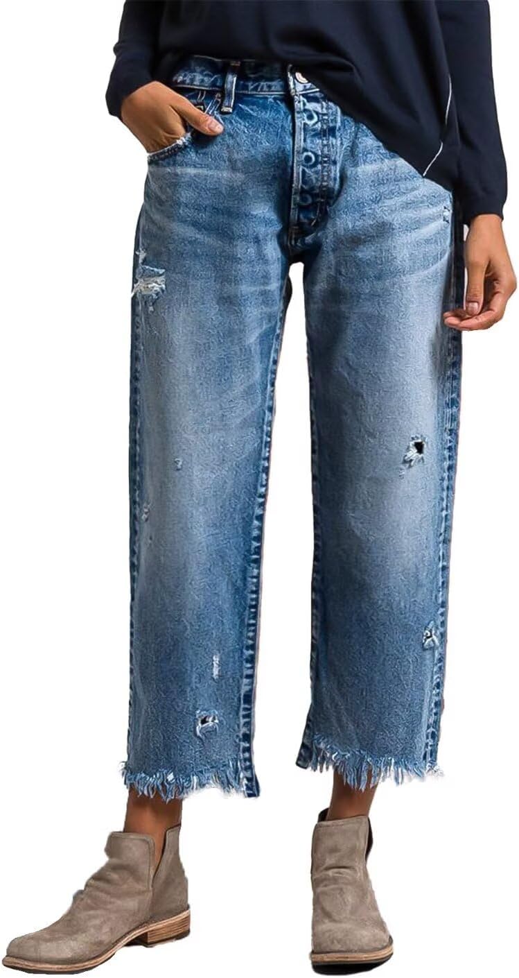 Flamingals Straight Leg Mid Rise Ripped Wash Raw Hem Casual Denim Bootcut Barrel Pants