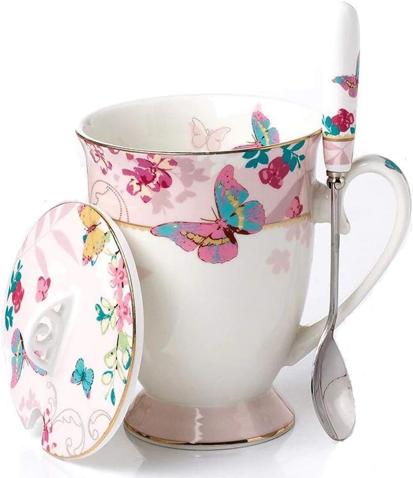 YBK Tech (Pink) - Euro Style Art Bone China Ceramic Tea Cup Coffee Mug with Lid for Breakfast Home Kitchen (Butterflies Pattern) (Pink)