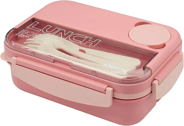 Pink 1300ml Bento Lunch Box with 4 Compartments, Fork & Spoon - Adults & Kids