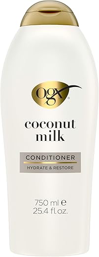 OGX Nourishing + Coconut Milk Moisturizing Conditioner for Strong & Healthy Hair, with Coconut Milk, Coconut Oil & Egg White Protein, Paraben-Free, Sulfate-Free Surfactants, 25.4 fl oz