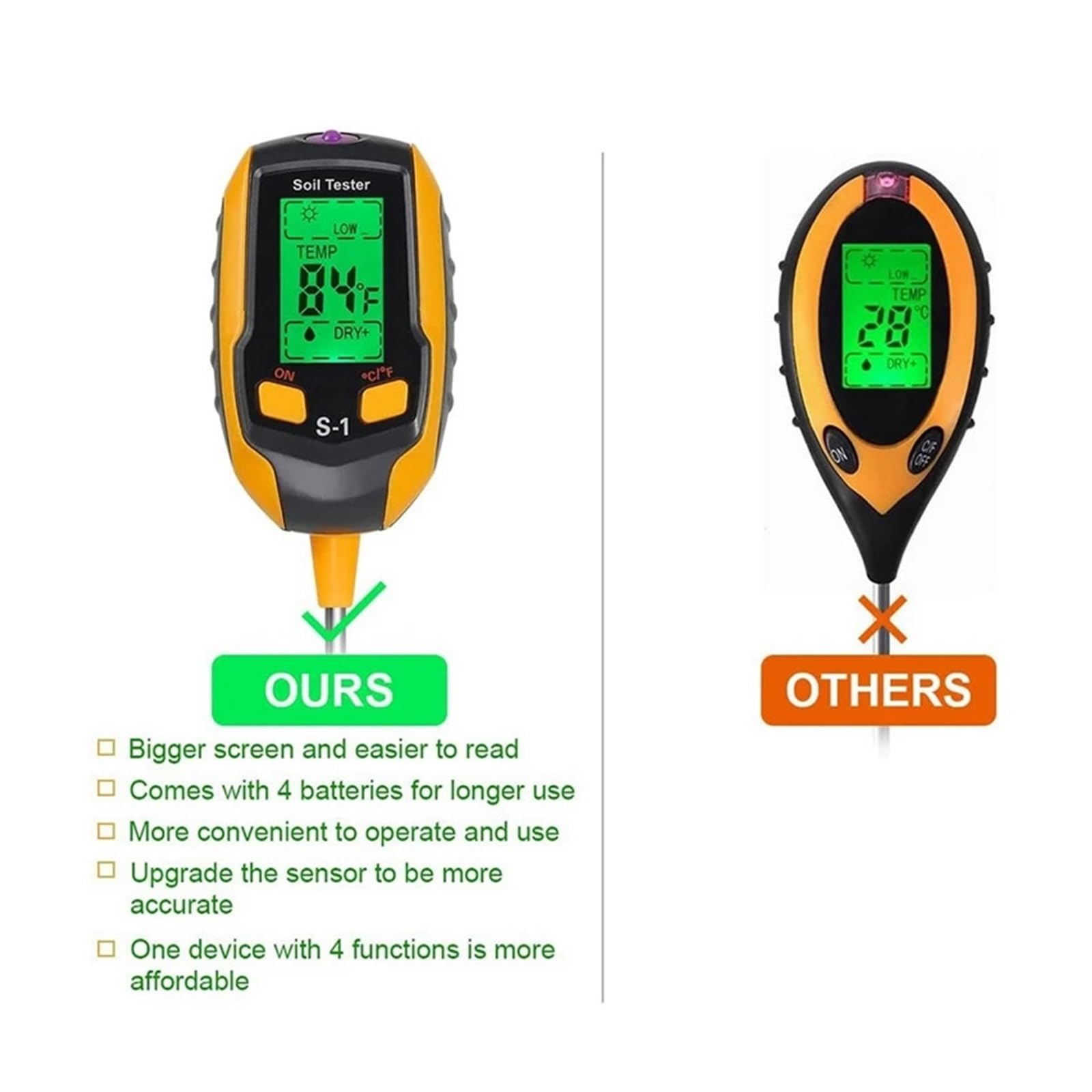 Medidor de humedad del suelo Medidor De PH Del Suelo, Medidor De Humedad Del Suelo 4 En 1, Medidor De Humedad De Plantas Digital Con PH/temperatura/luz, Medidor De Humedad Del Suelo Fiable y Preciso