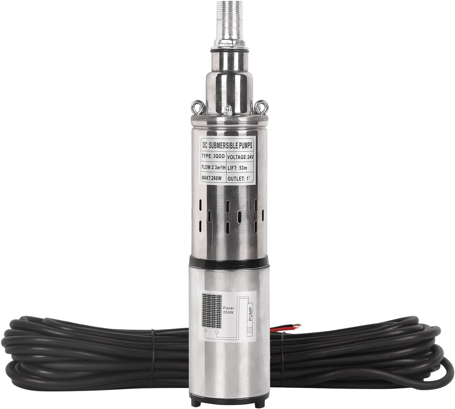 24V Solar Deep Well Submersible Pump – 10GPM Flow 173ft Head, 1" Outlet IP68 Waterproof Stainless Steel Screw Pump for Irrigation & Home Use