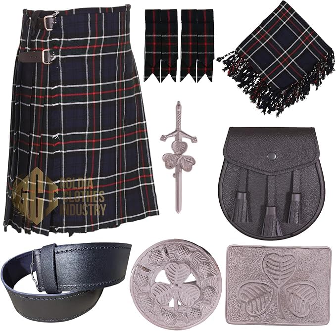Goldia Clothes Industry Scottish Tartan Kilt Outfit – 8 Yards 16Oz Kilt with Accessories – Custom-Made in Various Tartans (Colquhoun Modern)