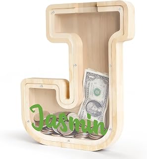 Personalized Wooden Piggy Bank, Name Large Letter Piggy Bank for Kids Boys Girls, Custom Initial Coin Bank Wooden Money Box for Christmas Birthday