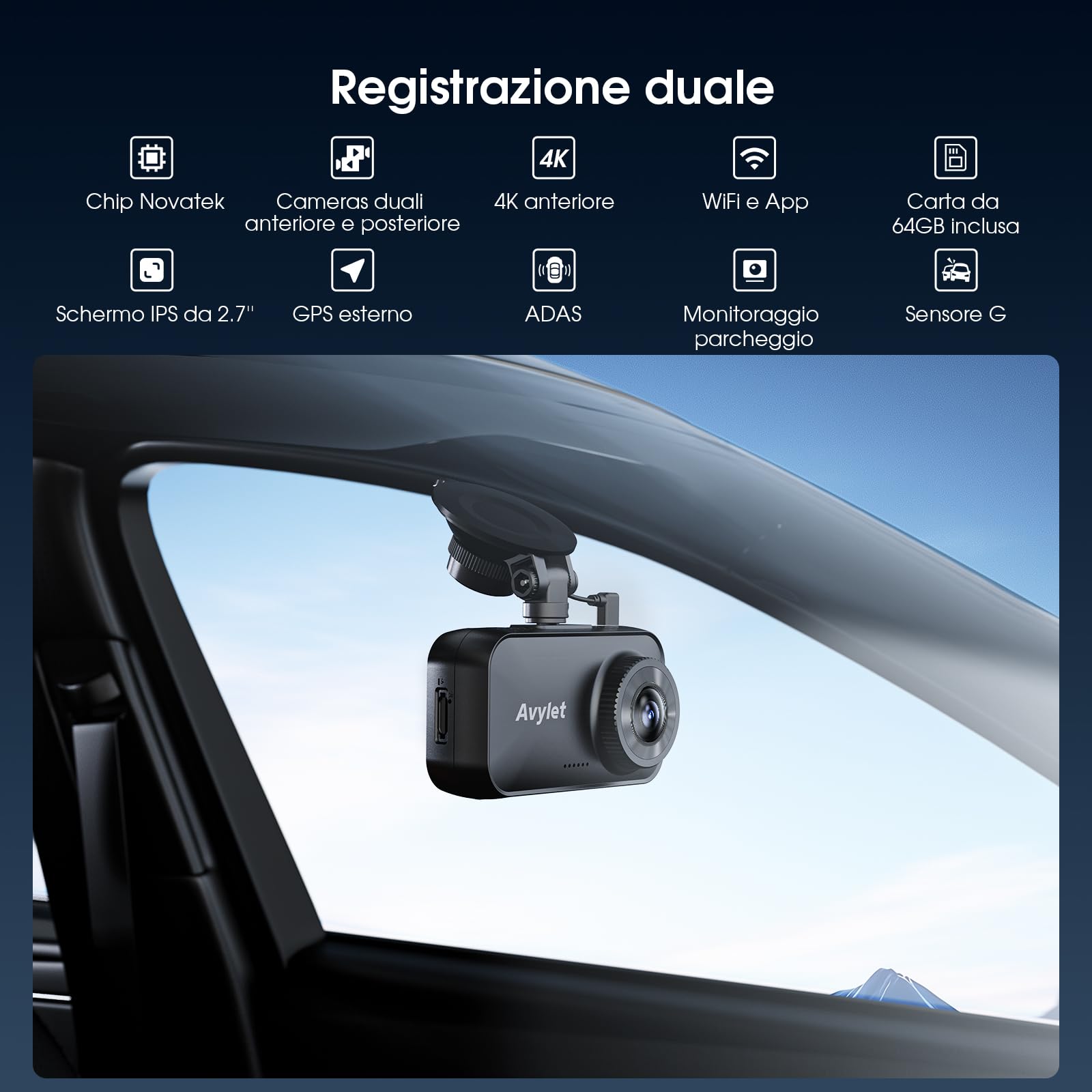 Avylet Dash Cam Auto 4K/2.5K+1080P,5GHz WiFi Doppia Dashcam Con 64G Scheda,Telecamera per Auto IPS 2.8”,ADAS Corsia Assist,170° Grandangolo,24H Parcheggio,Visione Notturna,G-Sensor,Registrazione Ciclo