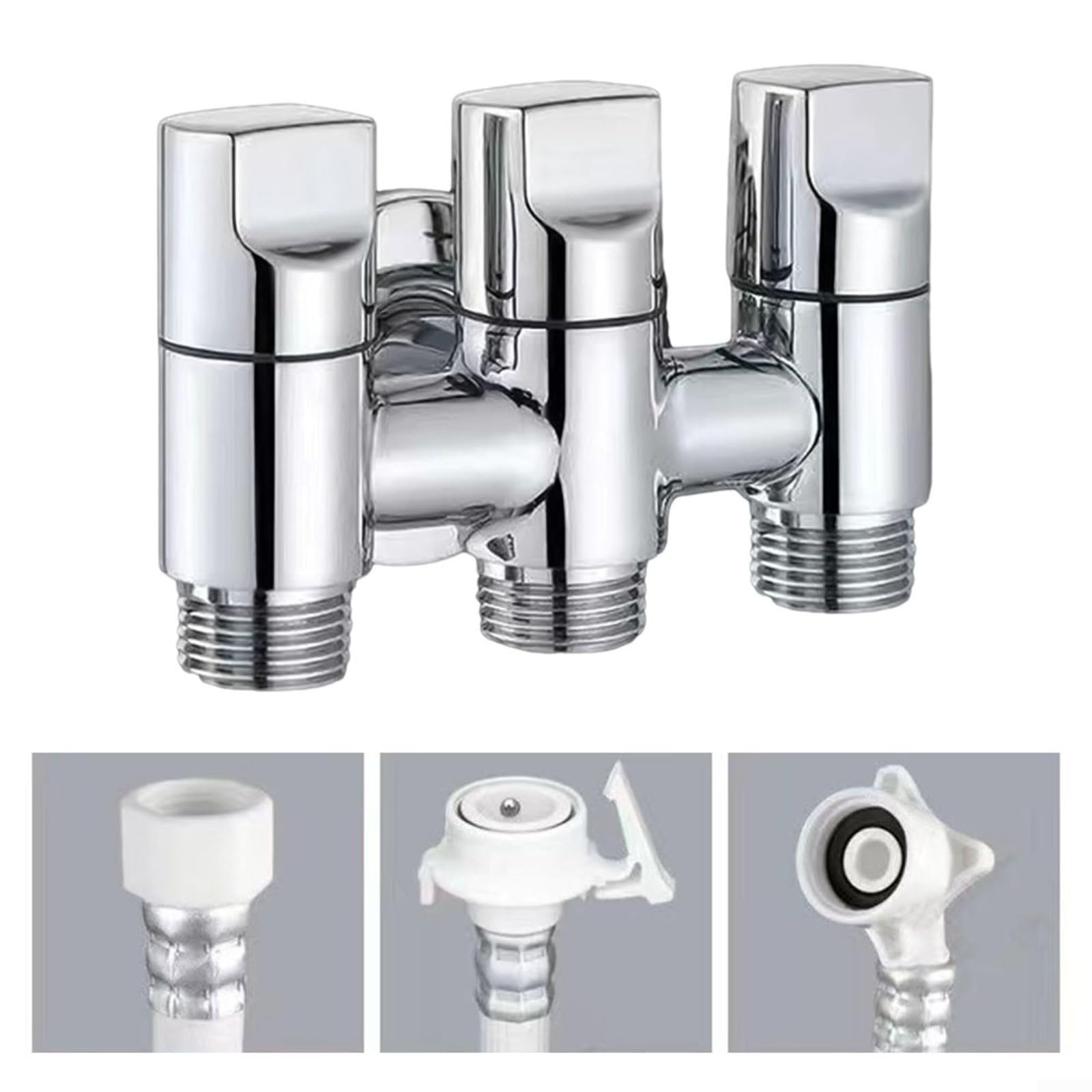 Válvula de ángulo de inyección de agua de tres vías, válvula de ángulo de una entrada y tres salidas Válvula desviadora multifunción de tres vías (plata)