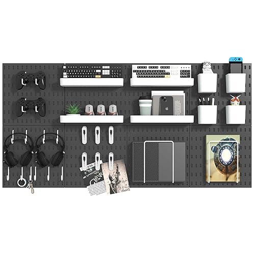 VEOFEMLEA Pegboard Combination Kit, 8 Peg Boards and 30 Accessories Modular Hanging Black Pegboard for Wall, Office Organizer, Keys Holder, Nursery Storage, 44"x22" - Black