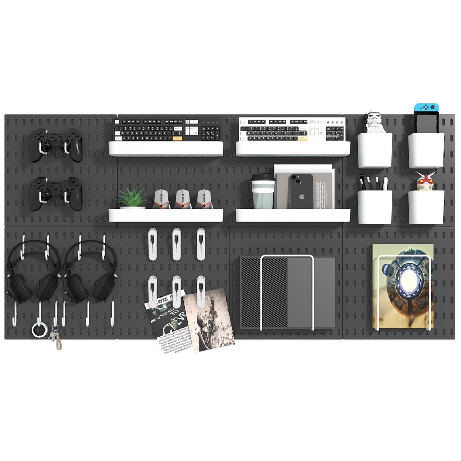 VEOFEMLEA Pegboard Combination Kit, 8 Peg Boards and 30 Accessories Modular Hanging Black Pegboard for Wall, Office Organizer, Keys Holder, Nursery