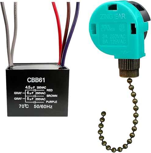 YukiHalu Interruptor de cadena para ventilador de techo, 3 velocidades, 4 cables, condensador de ventilador de techo CBB61 4.5uf + 6uf + 5uf 5