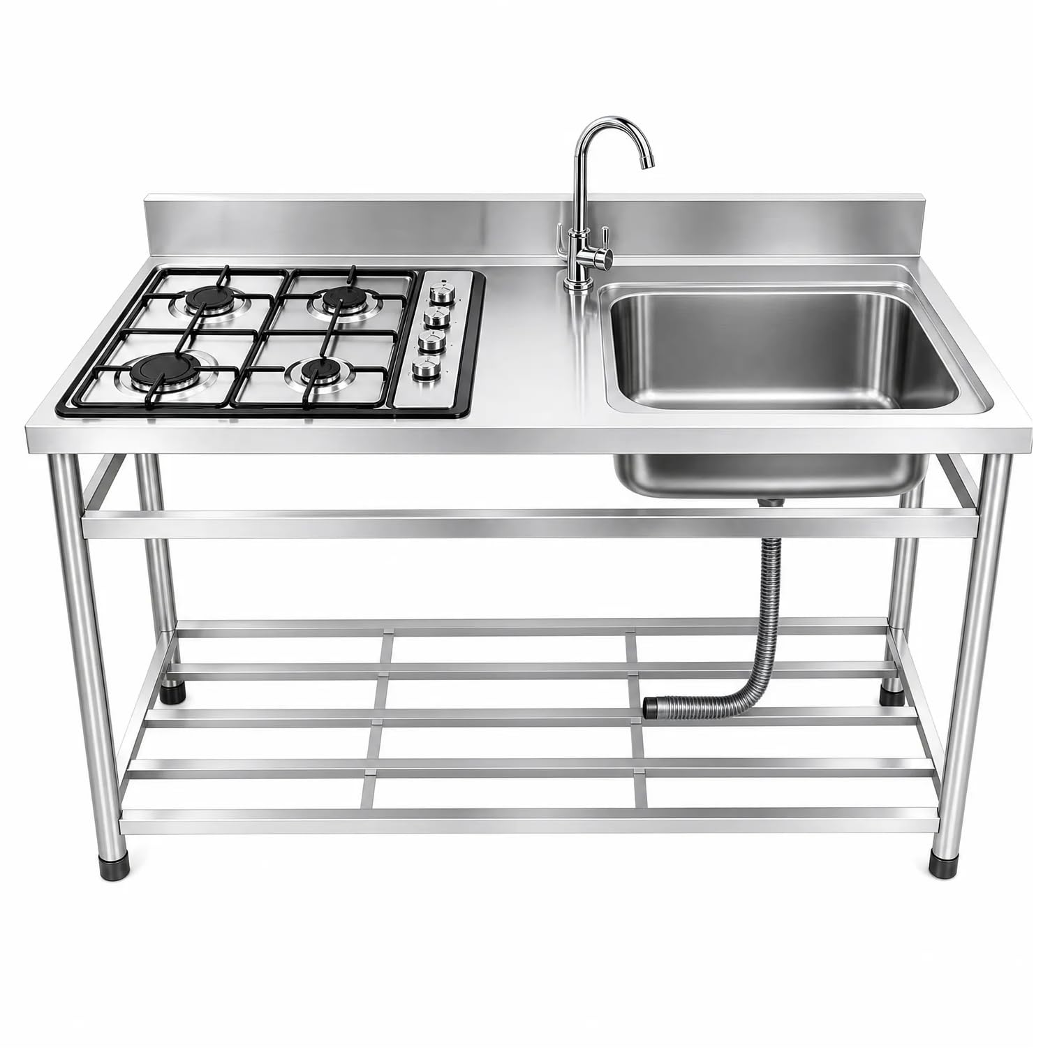 GrecoShop Lavello Cucina da Esterno in Acciaio Inox con Piano Cottura 4 Fuochi, Vasca con Gocciolatoio Reversibile, Fontana Inclusa, Mensola Inferiore e Tubo di Scarico, Cucina Outdoor 150 cm