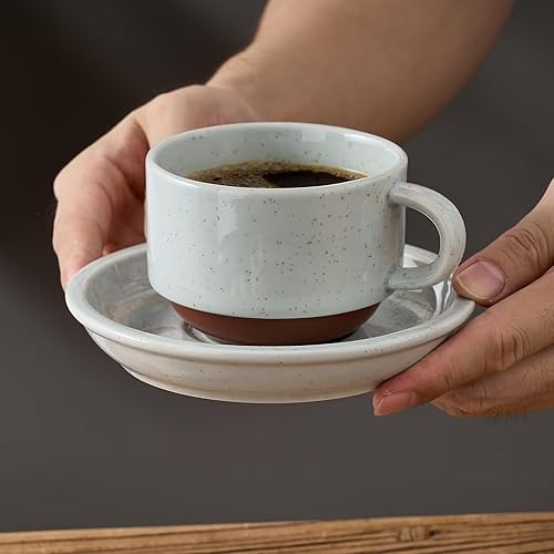 Miniatura 2 de JIEMEI HOME Tazas de capuchino apilables de porcelana con platillos y soporte de metal, tazas de espresso de 7 onzas para café con leche, bebidas de