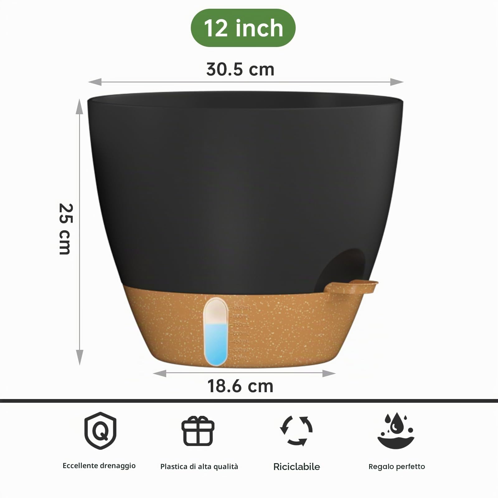 ZMTECH Vaso Per Piante da 30 cm Con Presa D'acqua Fioriere Autoinnaffianti Con Fori Di Drenaggio e Sottovaso in Plastica Per Piante da Interno e Da Esterno (Set Da 2, Nero)