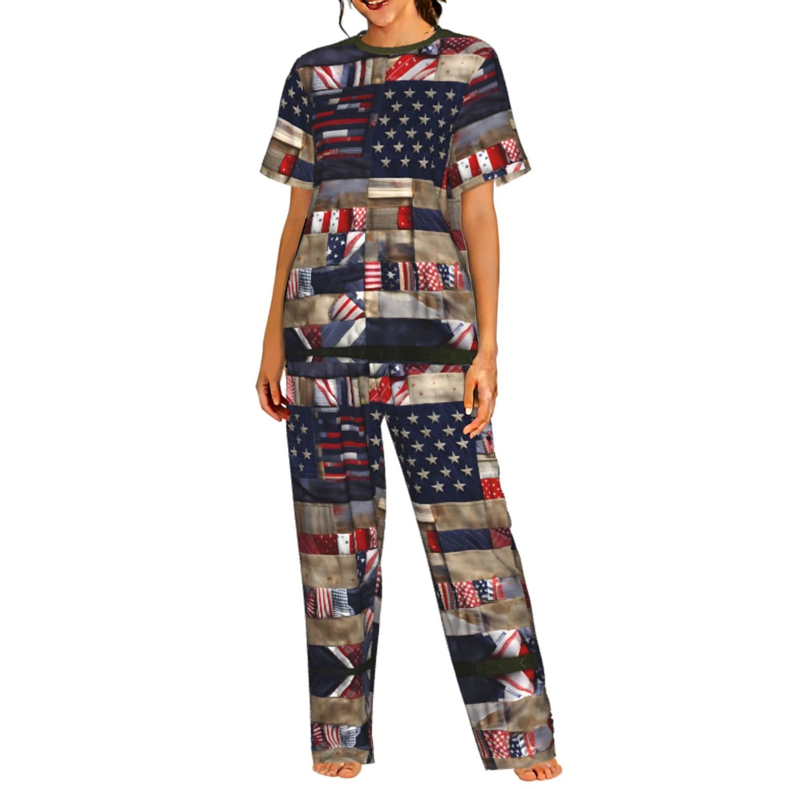 Pyjama patchwork femme drapeau américain ensemble de nuit doux - 8