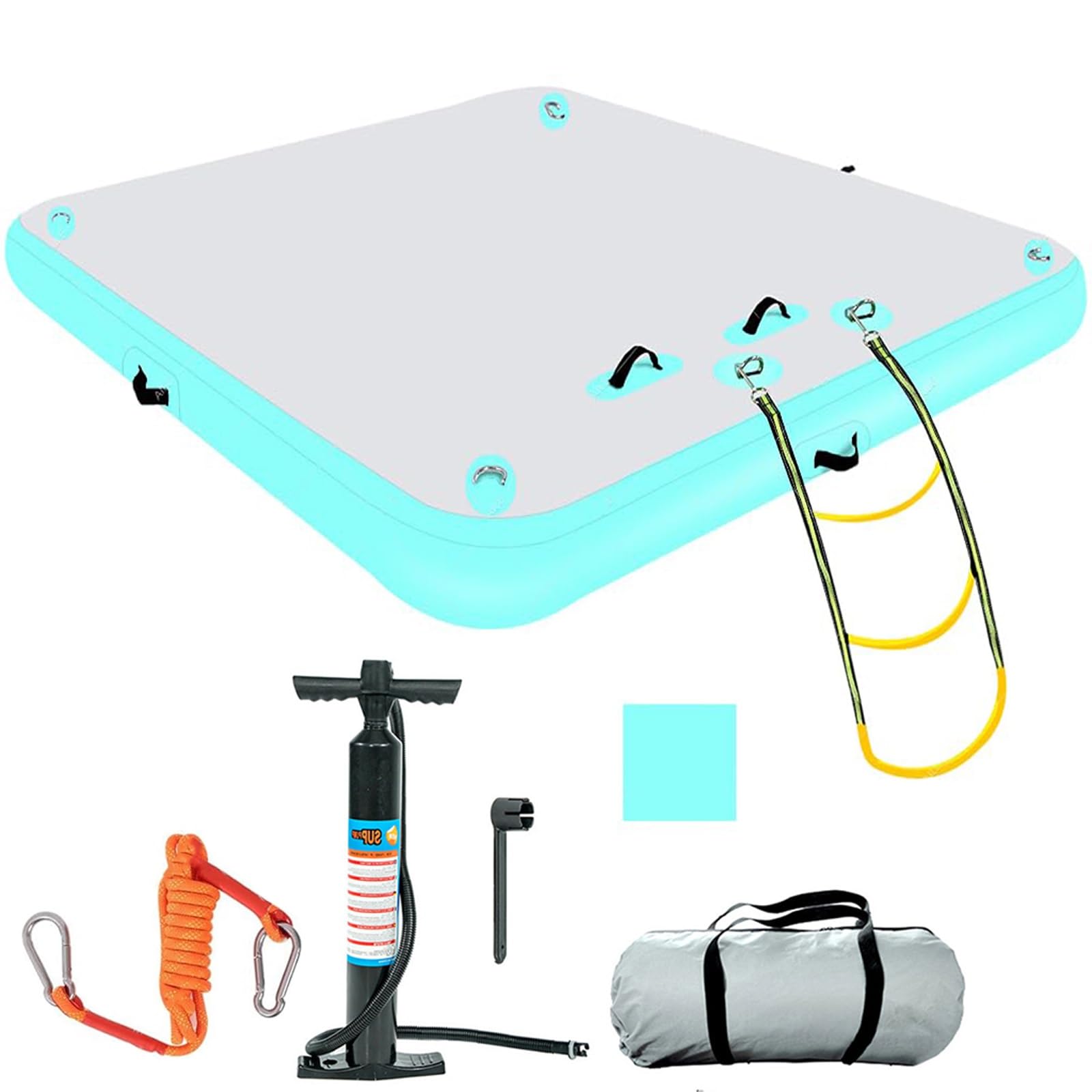 Quai flottant gonflable avec échelle en corde, tapis d'eau antidérapant pour piscine, lac, mer, comprend pompe à air, kit de réparation, sac de transport