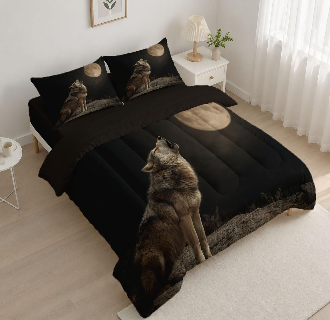3 Piece Quilts Queen Size Bedding Set, Gray Brown Lightweight Bedspread, Soft Microfiber, Wolf Moon Night Sky Pattern for All Season Bed Coverlet with 2 Pillow Shams, 90"X90"