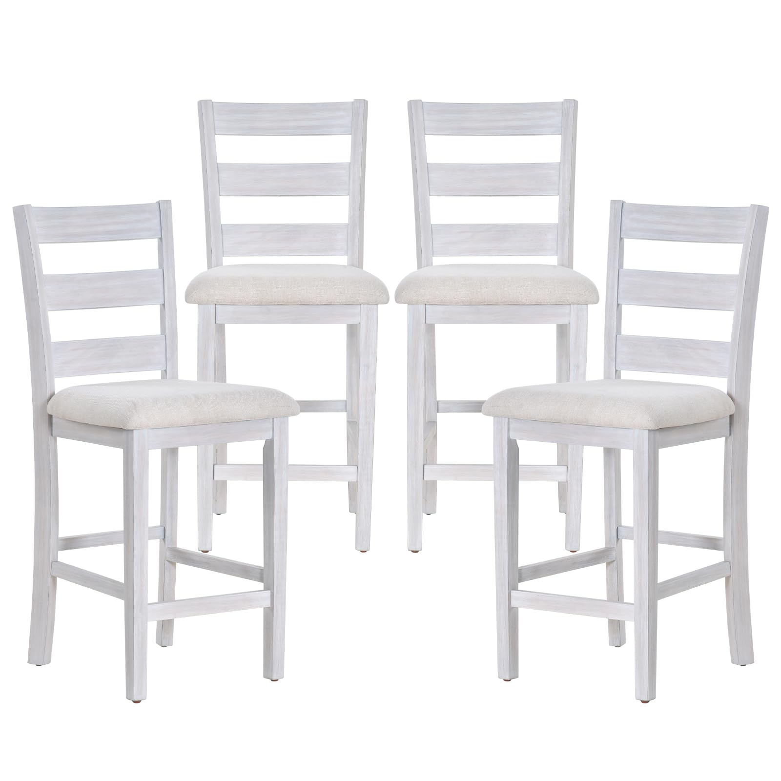 COLAMYModern Counter Height Bar Stools, Wooden Bar Stools Set of 4, 25 Inch Upholstered Fabric Barstools with Backs and Wooden Legs for Kitchen Island Dining Room Bar Shop, White Wash