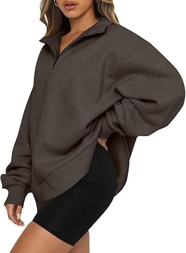 Miniatura 2 de Tintwwg Sudaderas de gran tamaño con media cremallera para mujer, color sólido, hombros caídos, sin botones, para entrenamiento, concierto