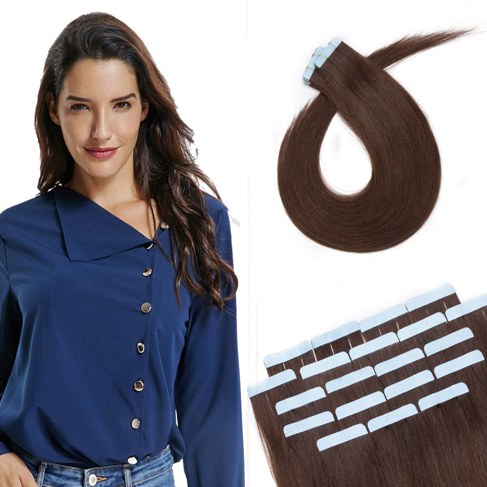 16 Inch Tape in Hair Extensions Remy Human Hair #04 Medium Brown Long Straight Hair Seamless Skin Weft Invisible Double Sided Tape 20pc/pack 50g +10 Free Tape Bonds