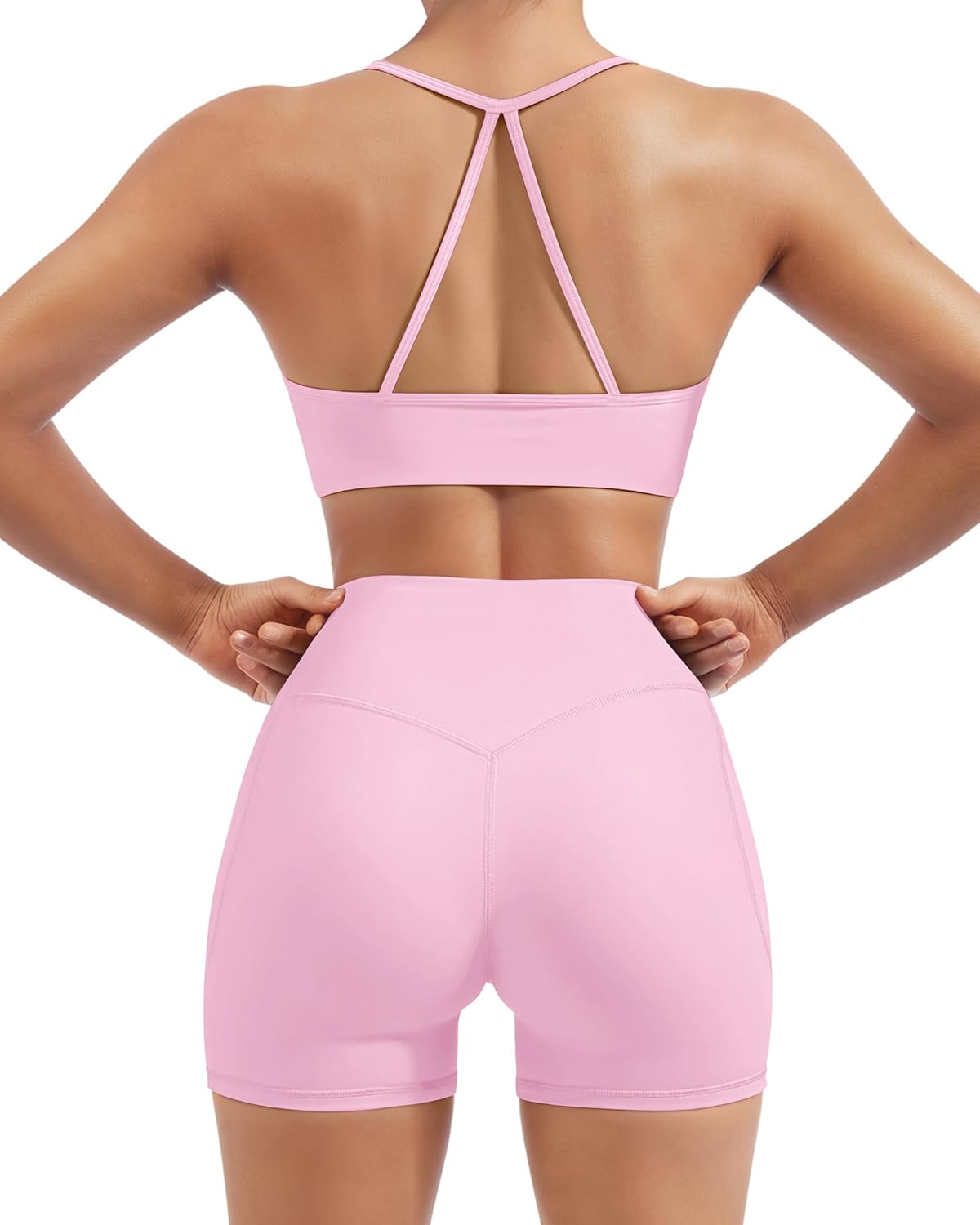 SUUKSESS Women 2 Piece Workout Sets Padded Halter Sports Bras High Waisted Biker Shorts with Pockets