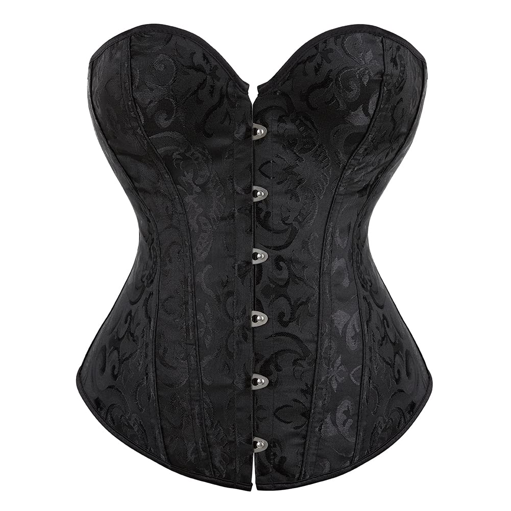 Eohak Womens Sexy Satin Corset-Bustier Floral Print Boned Overbust Corset Top Black Satin Waist Cincher