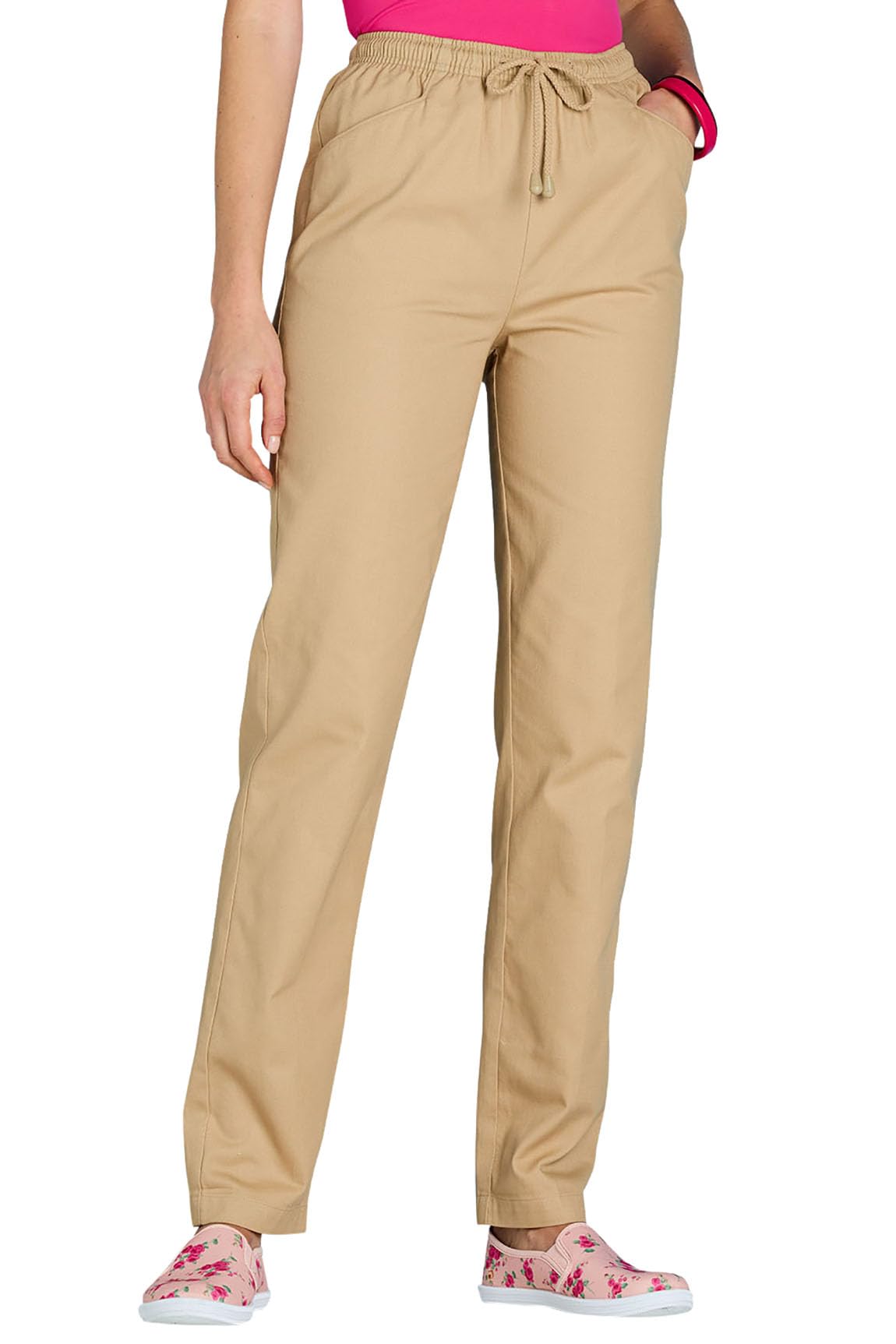 Ladies Quality Cotton Trousers with Drawcord 12 UK/29"Leg Beige