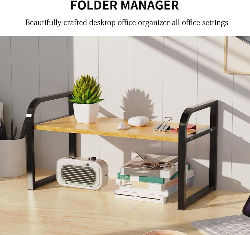 Office Desk Shelf Organizer, Wood Desktop Bookshelf Supplies Storage Rack Shelf for Top Desk and Dresser and Cubicle Decor Bookshelf Monitor Stand Riser (Black Wood-single Tier, 15.75 Lx7.87 Wx8.46 H)