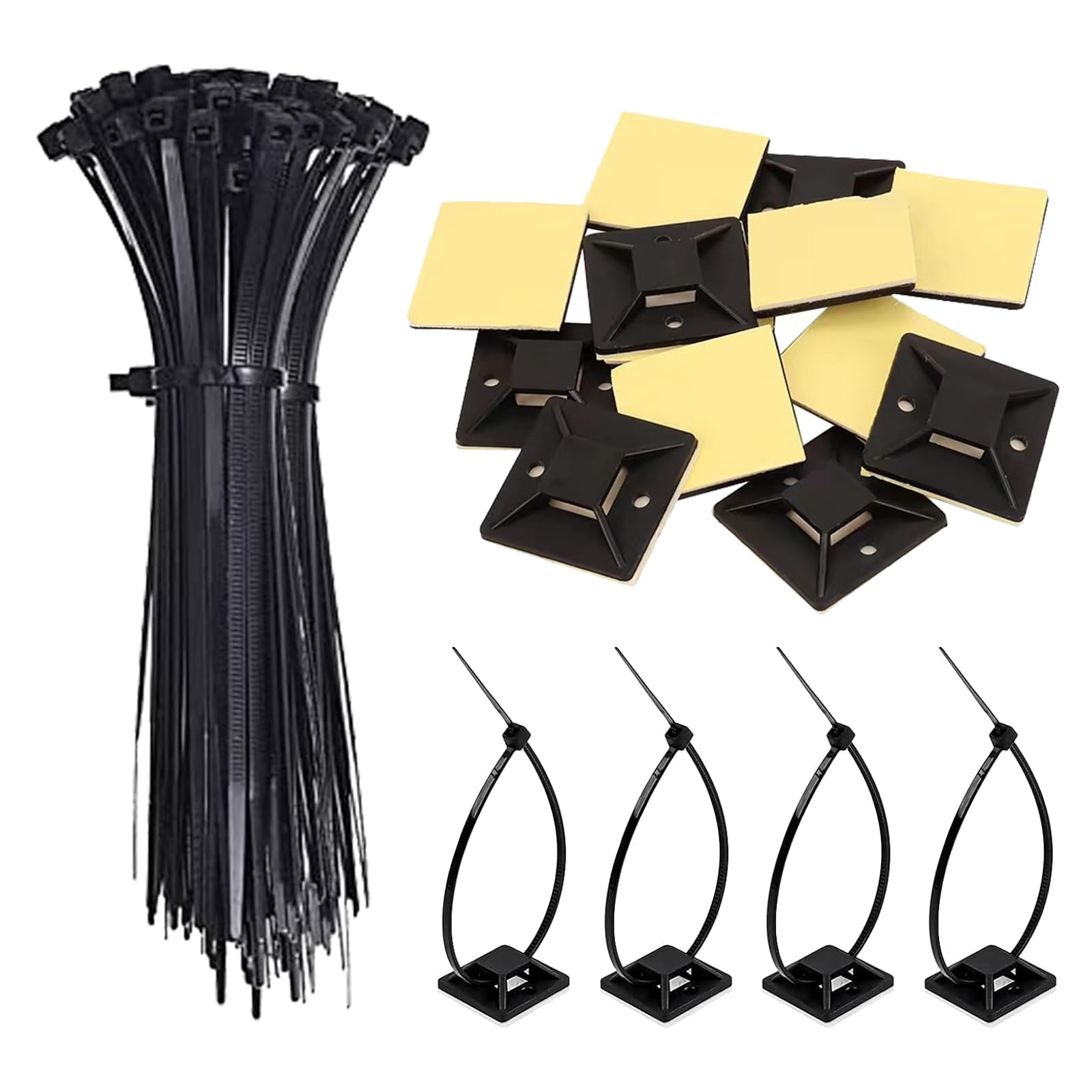 EuAcesry 100 Pezzi Fascette per Cavi con 100 Base Adesiva per Fascette Stringicavi e Viti, 100 mm Autobloccanti Fissaggi Elettricista Morsetto di Serraggio Nylon, Riutilizzabile e Regolabile, Nere