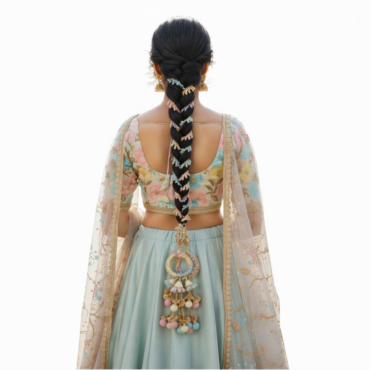 Punjabi Bridal Parandi/Paranda | Black & Gold Braided Hair Extension with pastel colors Pom Pom Tassels | Traditional Ethnic Hair Accessory for Wedding, Haldi, Mehendi, Jaggo, Festive Occasions