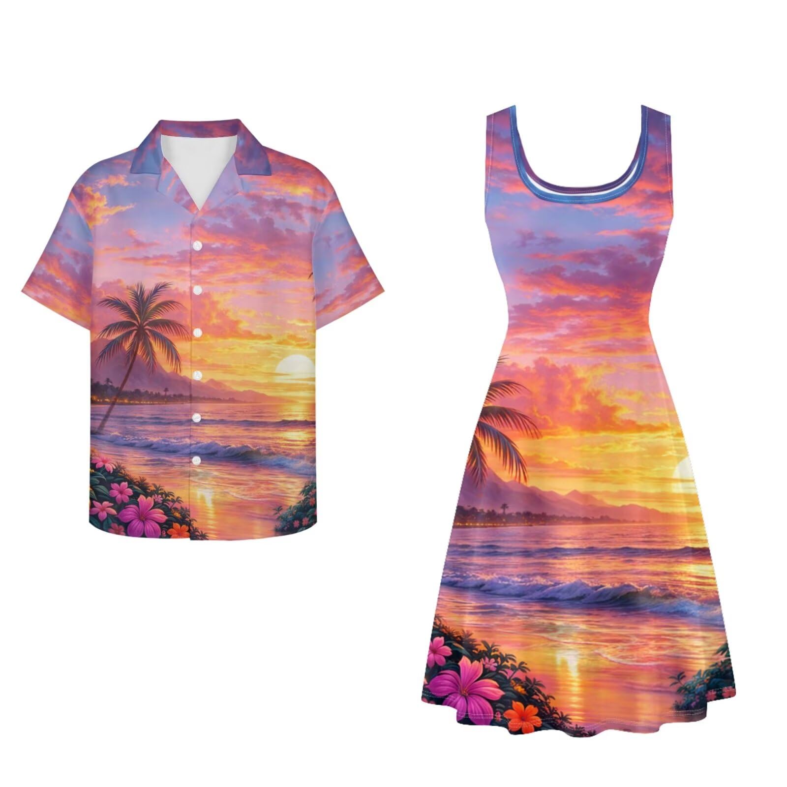 Dreaweet Summer Dresses for Women A-Line Sleeveless Flowy Sun Dresses,Men's Casual Button-Down Shirts,Couple Matching Outfits
